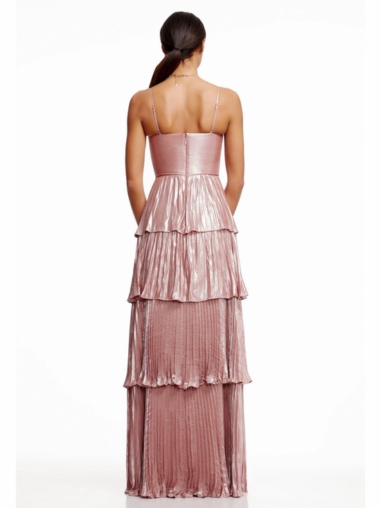 NWT Dress The Population Zahrah Tiered Pleated Rose Pink Metallic Satin Gown - Picture 2 of 10